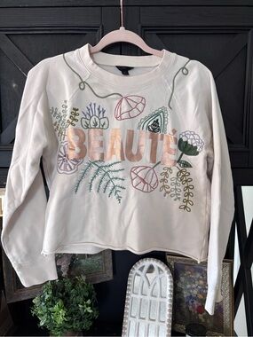 J crew BEAUTE pullover‎ crew neck custom embroidered florals Size M